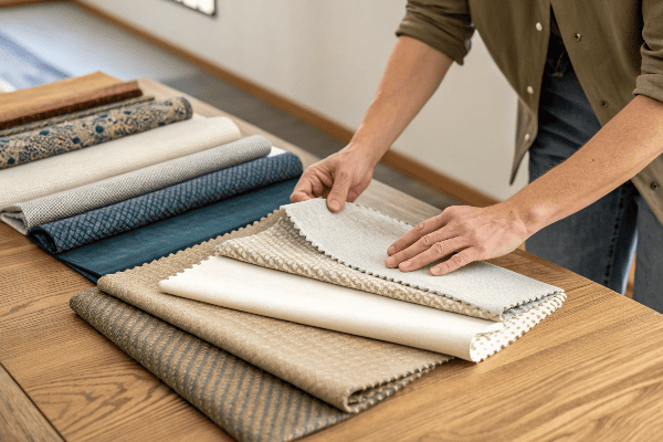 Person touching different fabric samples