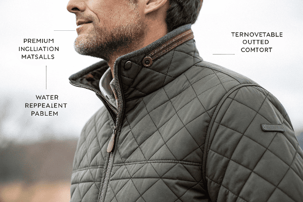 Close-up of quilted jacket stitching and materials