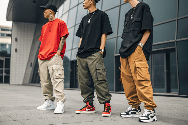 streetwear influencers wearing cargo pants with oversized tees