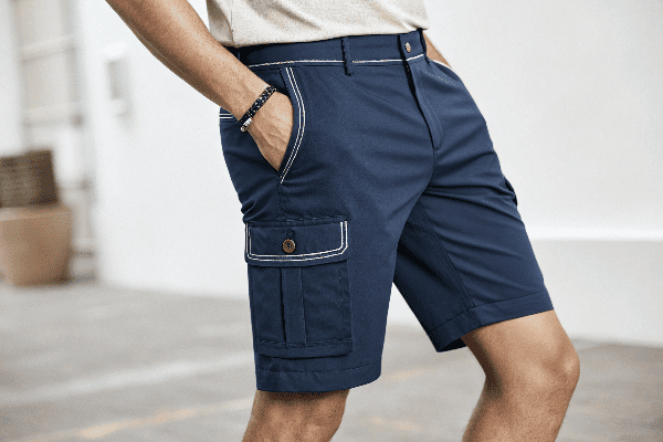 Close-up of Bermuda shorts showing tailored details