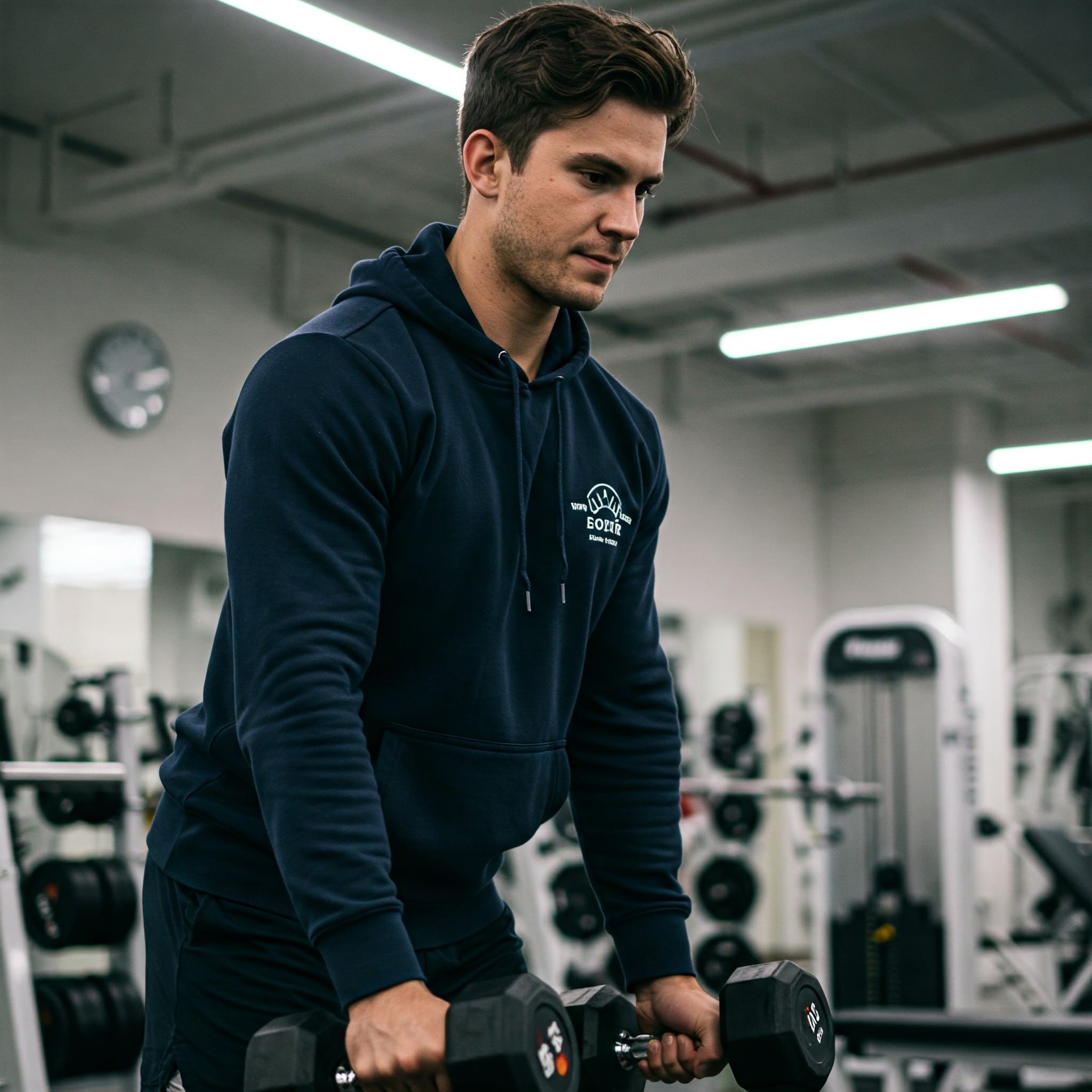 Person working out in a hoodie at the gym