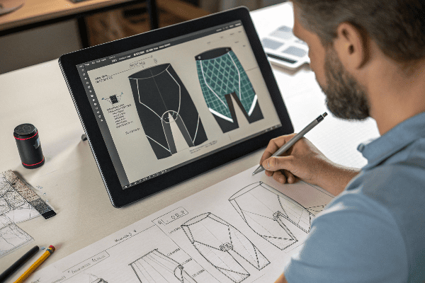 Designer working on bike shorts pattern with CAD software