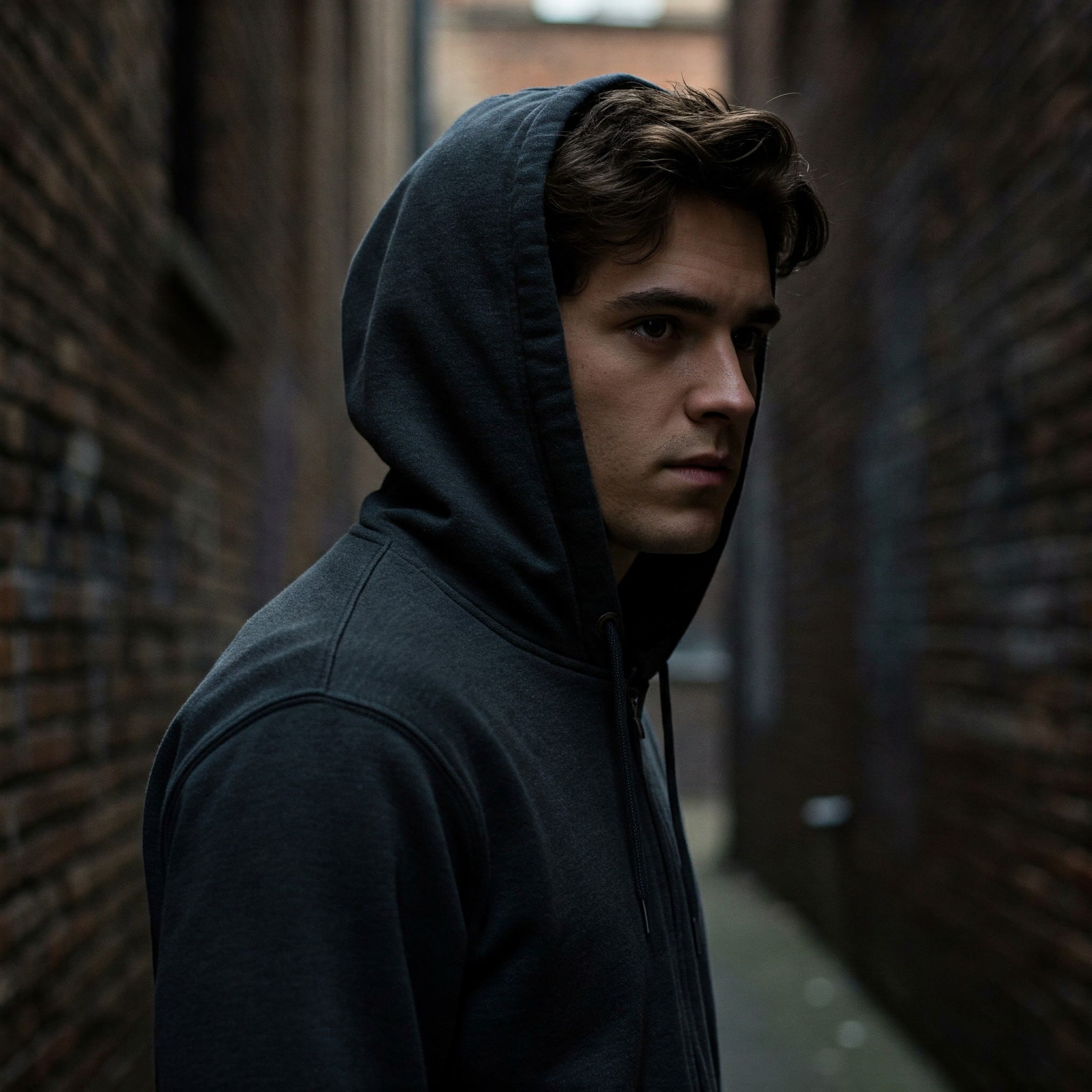 Person wearing hoodie with hood up