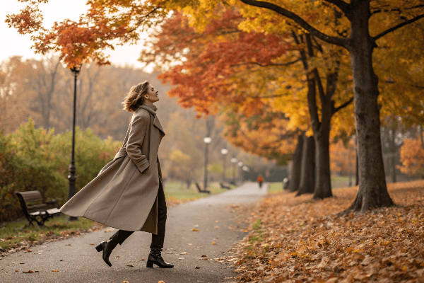 Woman in longline gabardine coat walking in autumn park