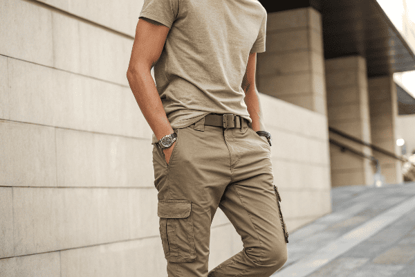 model wearing crop top with cargo pants