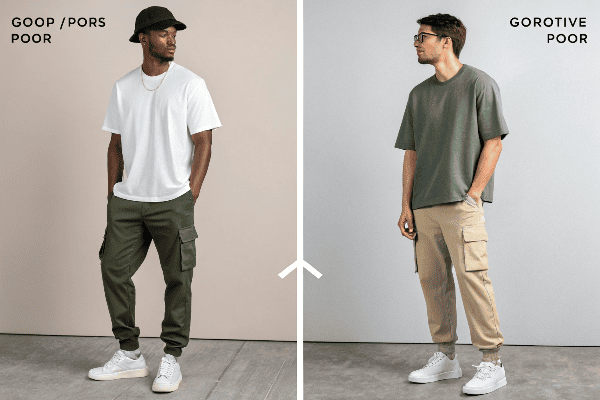 comparison of good vs poor proportions with cargo pants and oversized tees
