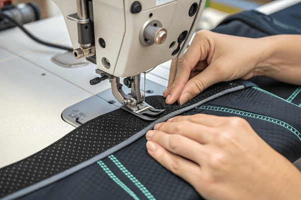 Seamstress working on specialized bike shorts sewing machine