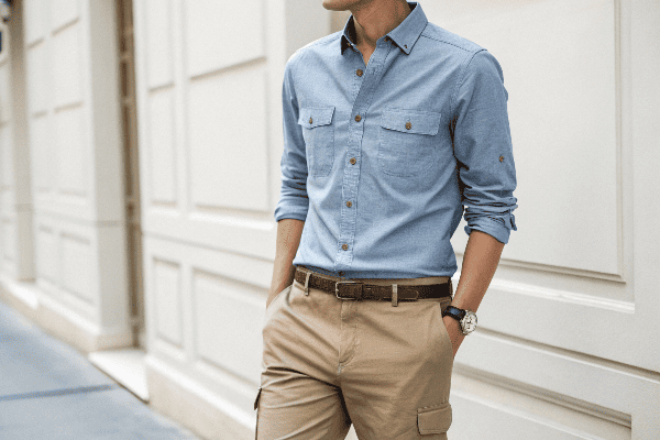 person wearing button-down shirt with cargo pants
