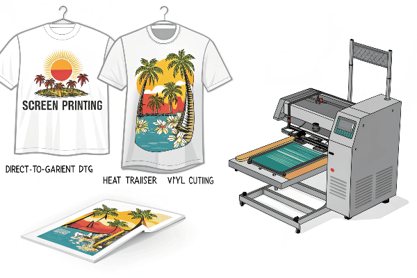 Different t-shirt printing methods shown side by side