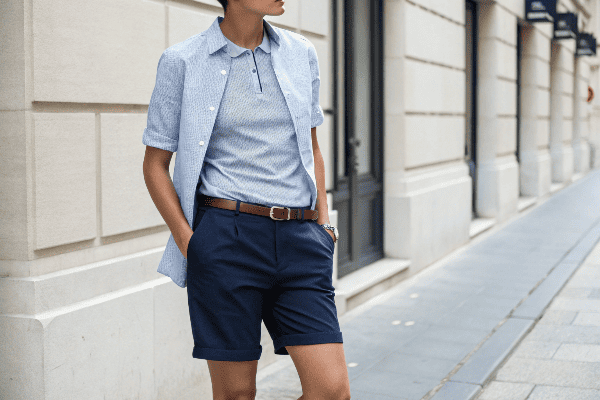 Person wearing Bermuda shorts with various styled tops