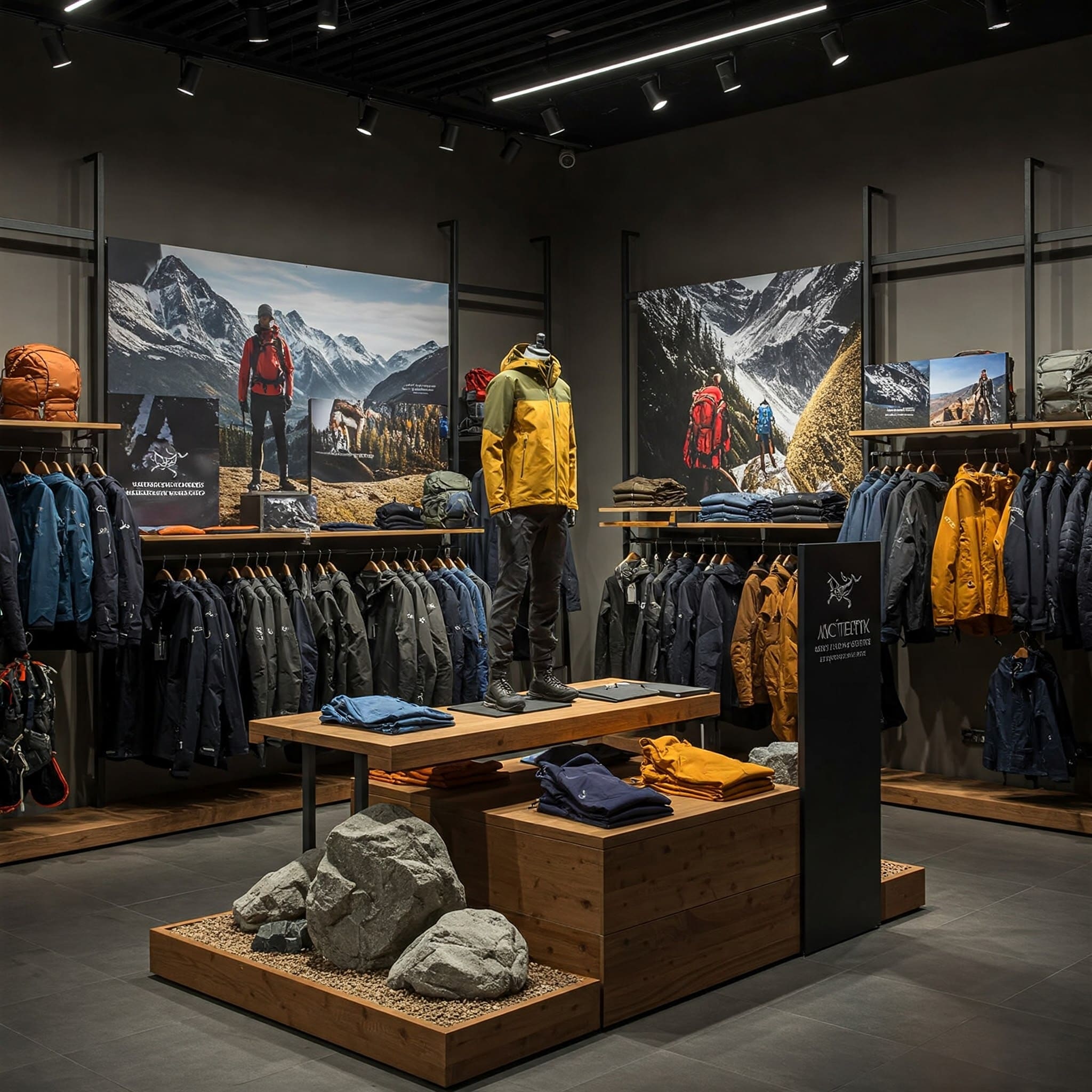 Arc'teryx brand retail display showing premium positioning in outdoor market