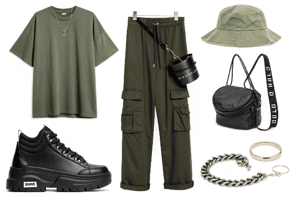 cargo pants and oversized t-shirt outfit with accessories
