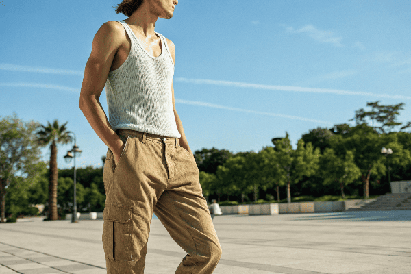 person wearing tank top with cargo pants in summer setting