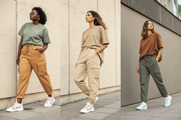 different body types wearing cargo pants with oversized t-shirts