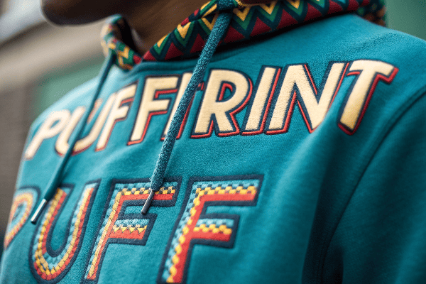 Close-up of puff print detail on hoodie