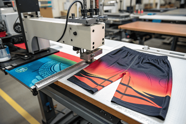 Sublimation printing machine applying custom design to bike shorts panels