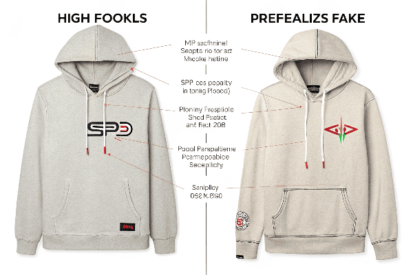 Real vs fake Sp5der hoodie comparison